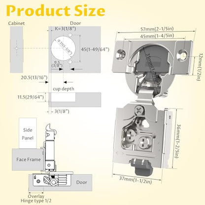 Onemake 20 Pack 1/2" Overlay Soft Close Cabinet Hinges, Clip-on Plate, 105° Smooth Slow Self Closing, 3D Adjustment, Face Frame Concealed Hardware Replacement, Hidden Hinge for Kitchen Cupboard