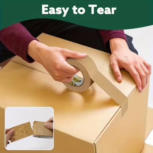Water Activated Kraft Paper Packing Tape, Water Reinforced Gummed Paper Shipping Tape, Eco-Friendly Writeable Brown Packaging Tape for Carton Sealing, Framing, Shipping, DIY Craft