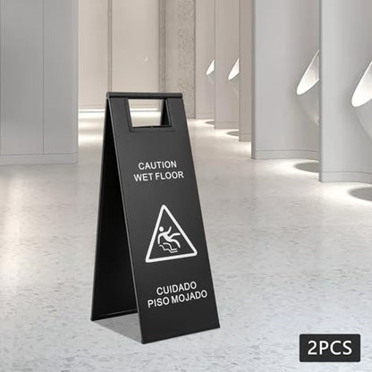 2Pcs 24in Wet Floor Sign,Portable Stainless Steel Caution Wet Floor Sign, Foldable Slippery When Wet Sign 2 Pack Bilingual Design Restaurant Supplies for Hotel Mall Shop Restaurant (Black)