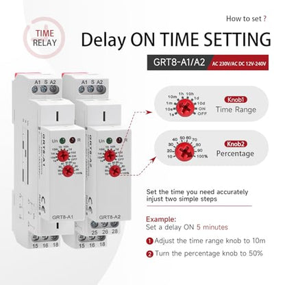 Delay On Time Relay 16A GRT8 A1 Timer Relay Voltage Range AC DC 12V to 240V - size: GRT8-A1 AC/DC 12V-240V