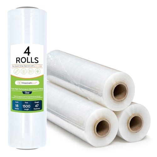 PSBM Stretch Wrap 18 Inch x 1500 Feet 80 GA EQ Heavy Duty Clear 4 Rolls - size: 18 Inch, style: 47 GA/80 EQ