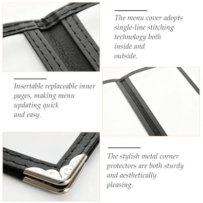 SHUESS 20 Pcs Menu Covers, 11 X 4.5 Inch 2 Page 4 View Restaurant Menu Covers with Clear Plastic Sleeves, Loose-Leaf Leather Order Holder with Leather Edges and Metal Clips for Restaurant, Bars, Café