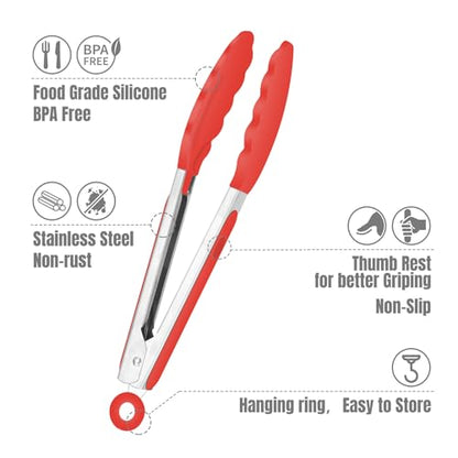 HOTEC Small Silicone Kitchen Tongs 7-Inch Mini Serving Tongs, Set of 3 - color: Red,Blue,Green