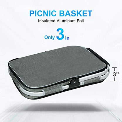 LIQING 35L Large Picnic Basket 2 Layers of Internal Pockets Leak-Proof and Insulated ，Folding with Internal Support for enhansed Stability, Wedding Gifts for Couple(Grey) - color: Gray