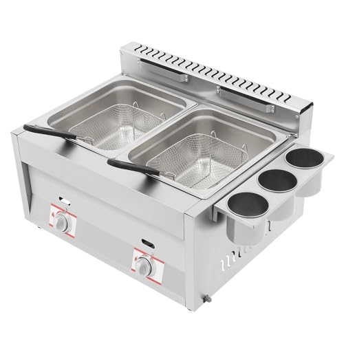 Commercial Gas Deep Fryer 12L Countertop Stainless Steel Dual Tank Kitchen Frying Machine w/2 Removable Baskets & Lid, Double Fryer for French Fries Turkey Donuts Home Kitchen Restaurant