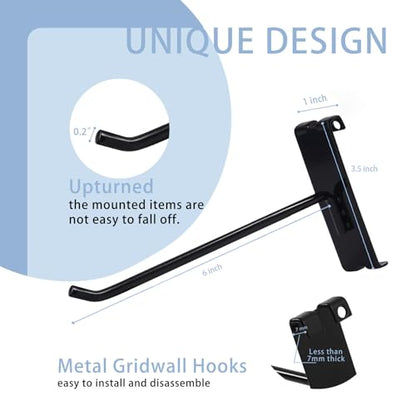 Gridwall Hooks 6 Inch,50PC Display Hooks for Grid Wall Heavy Duty Gridwall Hook for Grid Wall Panel Gridwall Peg Hook Black - size: 6''