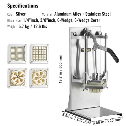 VEVOR Commercial French Fry Cutter with 4 Replacement Blades, 1/4 and 3/8 Blade Easy Dicer Chopper, 6-wedge Slicer and 6-wedge Apple Corer, Lemon Potato Cutter for French Fries with Extended Handle - size: 1/4" + 3/8" + 6-Wedge Slicer + 6-Wedge Apple Core
