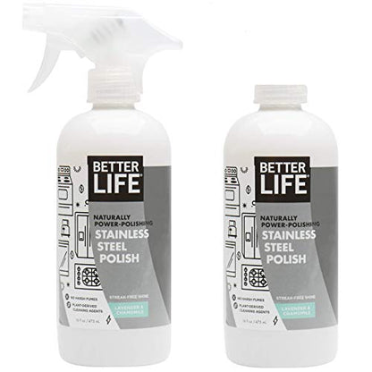 BETTER LIFE Stainless Steel Cleaner - 2 Pack 16 oz Streak-Free Stainless Steel Polish for Kitchen Sinks, Stoves, Metal Appliance, Refrigerator - Removes Grease & Water Stains - Chamomile-Lavender