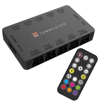 ARGB Fan HUB, 10-Port 4 Pin PC Fan Controller, 5V-3Pin ARGB Fan Hub, Magnetic Suction, SATA Power Input,RF Remote & Chassis key control,Controller Support 10 ARGB PWM Fans Splitter, Black - color: J-10 （Black）