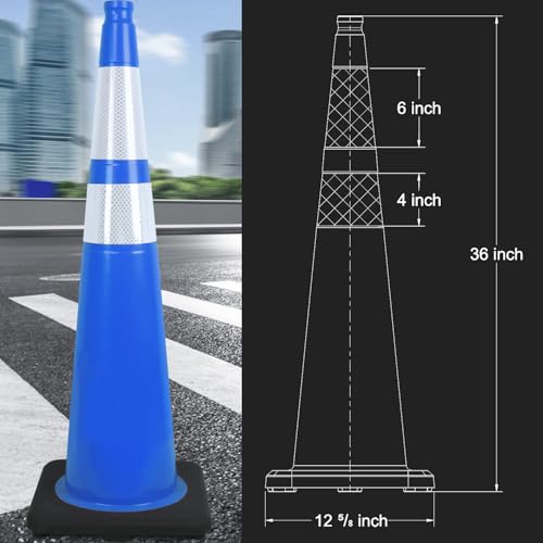 6 Pack 36" Large PVC Traffic Cones with Heavy-Duty Black Base – Durable, Weatherproof Safety Cones for Garage, Parking Lot & Road Construction Use (6, Blue, 36" Extra Large) - color: Blue, size: 36" Extra Large