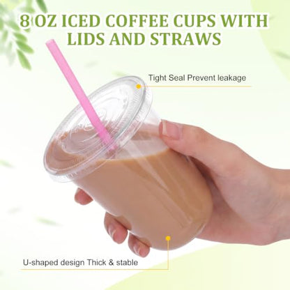 Ziliny 50 Pack 8 oz Plastic Cups with Lids Straws Iced Coffee, Pink - color: Pink, size: 8 oz