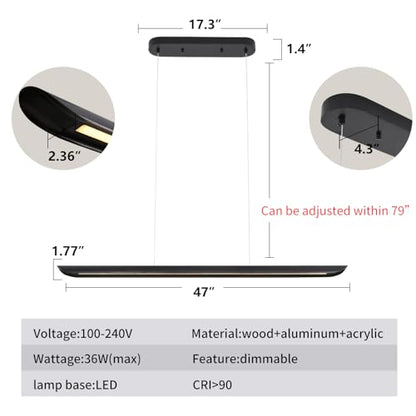 47" Modern Led Linear Pendant Light 36w Dimmable Ceiling Hanging Lights Wood Linear Chandeliers Office Lighting for Dining Room Kitchen Island Pool Table Light Living Room Bar Pendant Light Black - color: Black, size: 47IN