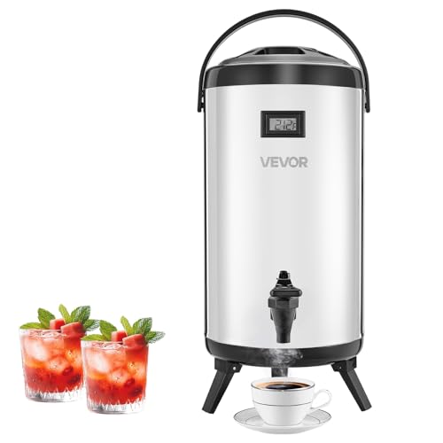 VEVOR Insulated Beverage Dispenser, 2.4 Gal/9.2L Stainless Steel Thermal Drink Server with Spigot & Temp Display, Suitable for Hot and Cold Drinks, for Tea Coffee Water in Cafes & Restaurants, Silver - size: 2.4 Gal (1 Pack)