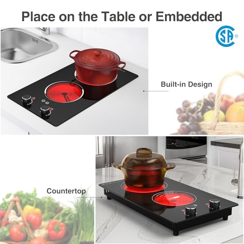 GIHETKUT Electric Cooktop,110V 2100W Electric Stove Top with Knob Control, 10 Power Levels, Kids Lock & Timer, Hot Surface Indicator, Overheat Protection,Built-in Radiant Double induction cooktop - size: 2 burner electric stove
