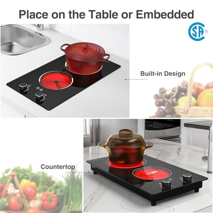 GIHETKUT Electric Cooktop,110V 2100W Electric Stove Top with Knob Control, 10 Power Levels, Kids Lock & Timer, Hot Surface Indicator, Overheat Protection,Built-in Radiant Double induction cooktop - size: 2 burner electric stove