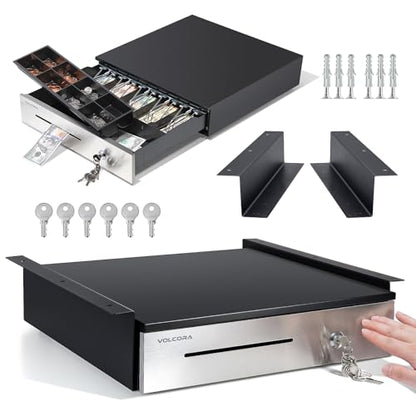 Manual Push Open Cash Register Drawer with Under Counter Mounting Metal Bracket - 16" Black/Stainless Steel Front Cash Drawer for POS, Partial Removable 5 Bill 8 Coin Tray, Key Lock, Media Slots - color: Black and Stainless Steel