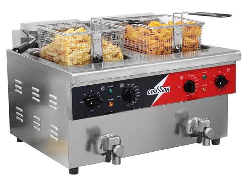 CROSSON 16L Dual Tank Countertop Electric Deep Fryer with "Swing-up and Hold",Drain Valve,Strech forming Oil Tank and Solid Wire Mesh Basket for Restaurant Use 120V,3600W Commercial Deep Fryer - size: Double Tank,16L