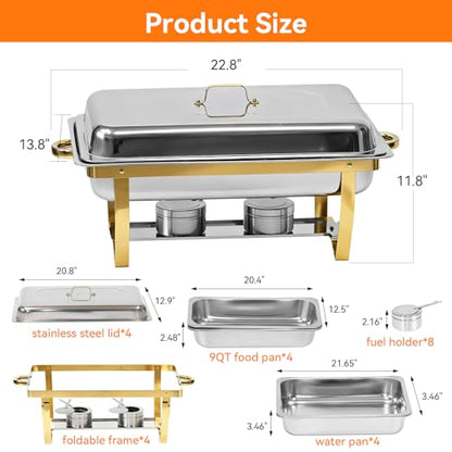 9Qt Chafing Dishes for Buffet, 4 Pack Gold 304 Stainless Steel Chafing Dish Sets, Food Warmers for Parties Buffet,Complete Buffet Servers and Warmers to Keep Food Warm - color: Full Golden
