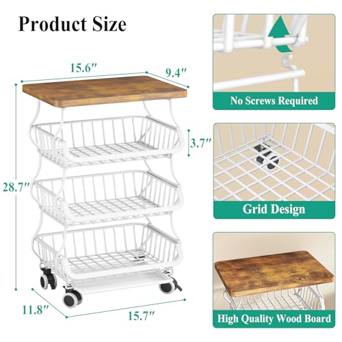 SAYZH 4-Tier Fruit and Vegetable Basket Stand for Kitchen, Wood Top, White - color: White, size: 4 Tiers