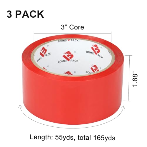 BOMEI PACK Red Packing Tape,Moving Tape,1.88 Inch x 55 Yards,2 Mil Thick Red Packaging Tape Refills with Dispenser,Heavy Duty Colored Shipping Storage Tape for Carton Sealing,Packaging and Moving - color: Red