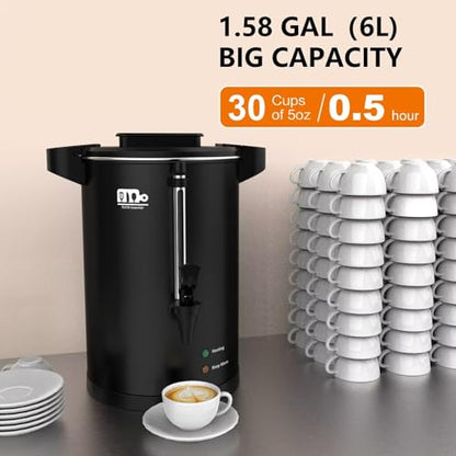 30-Cup 6L Commercial Coffee Urn, Festa Essential 750W Double Wall Large Percolate Coffee Maker Stainless Steel Hot Water Urn Dispenser with Double Dripless Faucet, Quick-Brewing for Catering, Black - size: 6L-30Cups