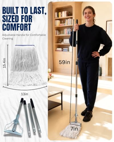 59" Commercial String Mop System, 7" Heavy Duty Metal Frame Wet Mop, 2 Machine Washable Looped-End Heads, Industrial Janitorial Supplies for Warehouse & Gym (59" Mop Kit with 2 Heads)