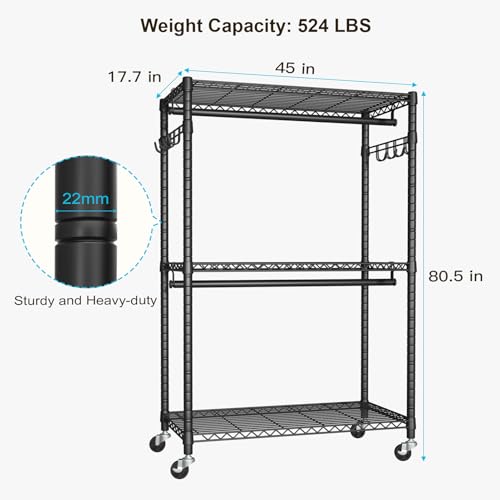 FUTASSI P1 Plus Rolling Clothes Rack, Heavy Duty Portable Closet Wardrobe - color: Black, size: P1 Plus