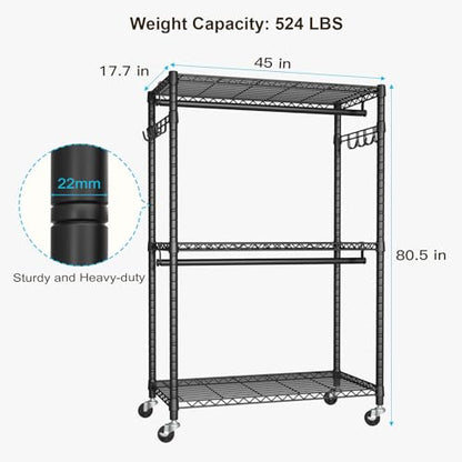 FUTASSI P1 Plus Rolling Clothes Rack, Heavy Duty Portable Closet Wardrobe - color: Black, size: P1 Plus