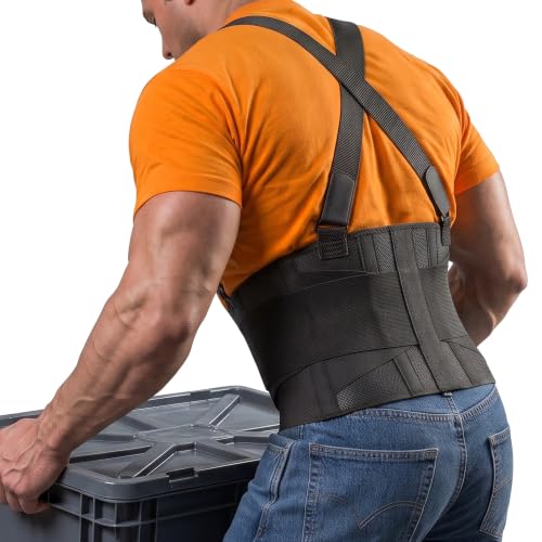 BraceAbility Work Back Brace - Removable Suspender Shoulder Straps for Heavy Lifting Safety - Industrial Lower Back Pain Protection Belt for Men and Women in Construction, Mover, Warehouse Jobs (4XL) - size: 4X-Large