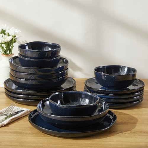 Pokini Stoneware Dinnerware Sets for 4, 16Pcs Ceramic Plates and Bowls Sets - color: Starry Blue, size: Set (16pcs)