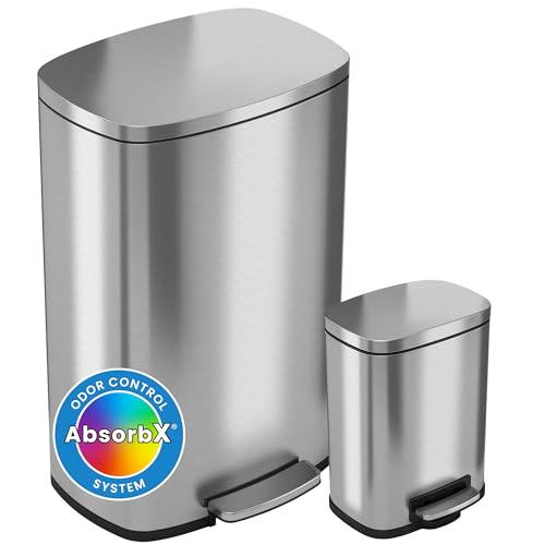 iTouchless SoftStep Combo Pack 13.2 & 1.32 Gallon Kitchen and Bathroom Trash Cans with Odor Filter & Inner Bucket, Stainless Steel Pedal Recycle Garbage Bins for Home & Office Soft and Quiet Lid Close