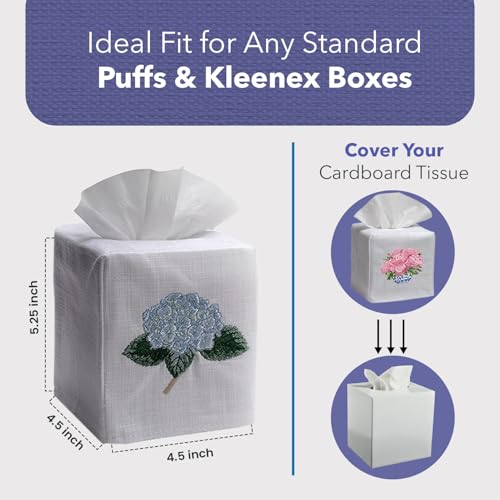 Jacaranda Living Square Tissue Box Cover, Linen/Cotton Fabric Tissue Holder, Decorative Cloth Tissue Cube Cover, Botanical Design Hydrangea Too, Light Blue - color: Hydrangea Too (Light Blue)