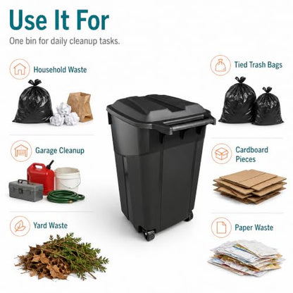 45-Gallon Outdoor Wheeled Trash Can with Attached Lid, Black - size: 45