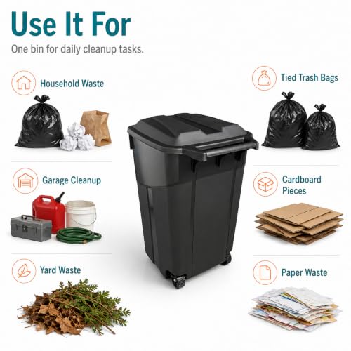32 Gallon Wheeled Garbage Can with Attached Snap-Lock Lid, Black, 1-Pack - size: 32Square