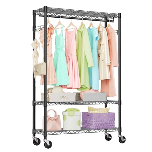 IZEUK Heavy Duty Rolling Garment Rack Wire Clothes Rack for Hanging Clothes (Black, 3 Tier with 1 Rod, 15.7" D x 45.3" W x 75.6" H) - color: Black, size: 3 Tier with 1 Rod, 15.7"D x 45.3"W x 75.6"H