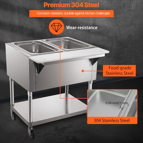 VEVOR Commercial Electric Food Warmer, 2-Pot Steam Table Food Warmer, Features 0-100℃ Adjustable Temp, Movable Professional Stainless Steel Table with ETL Certification for Catering and Restaurants - size: 2-Pot