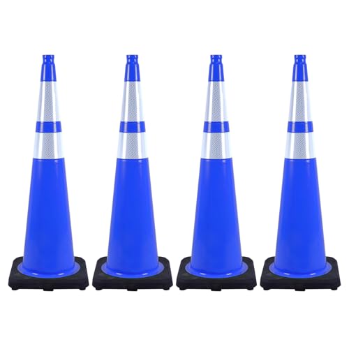 4 Pack 36 Inch Blue Traffic Cones Black Base, Tall Durable Safety Cones for Driveway Control, Event Organization, Construction Zones (4, Blue, 36 Inch) - color: Blue, size: 36 Inch