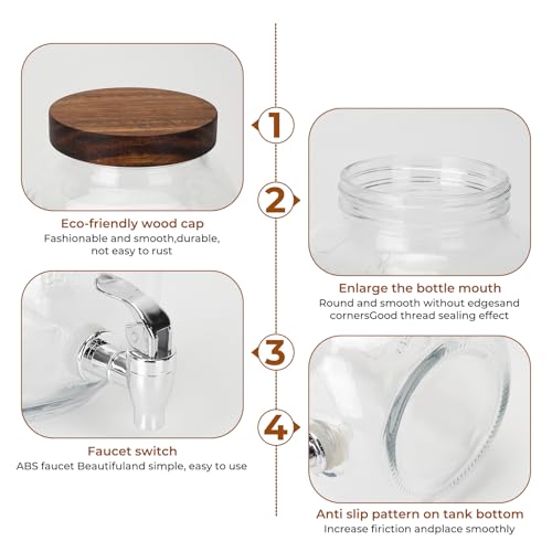 2 Pack 1 Gallon Glass Drink Dispensers with Wood Lid, Stand, Spigot - size: 2 Pack 1 Gallon with Wood lid