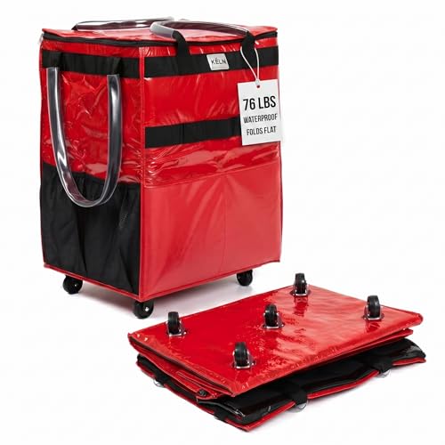 KELN Rolling Tote Bag on Wheels – 76 lb Foldable Shopping Cart – Red - color: Red