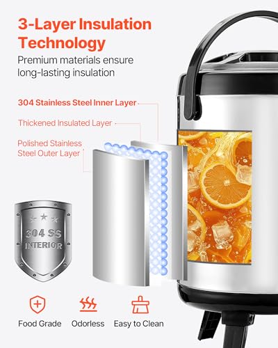 VEVOR Insulated Beverage Dispenser, 1.5 Gal/6L Stainless Steel Thermal Drink Server with Spigot & Temp Display, Suitable for Hot and Cold Drinks, for Tea Coffee Water in Cafes & Restaurants, Silver - size: 1.5 Gal (1 Pack)
