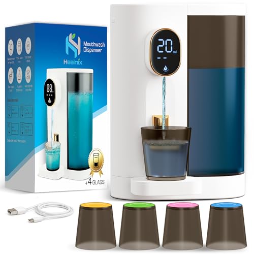 Automatic Mouthwash Dispenser for Bathroom (20.3 oz) - Touchless Smart Mouth Wash Dispenser with 4X Magnetic Cups - Wall-Mounted and Countertop Set for Kids and Adults Bathroom (White) - color: White