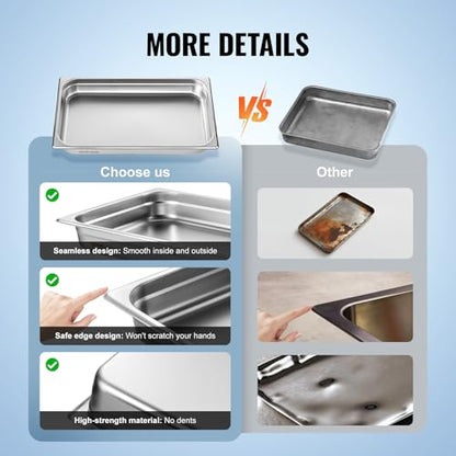 VEVOR 6 Pack Stainless Steel Hotel Pans,2.5-Inch Deep 0.8mm Thick Commercial Food Pans, Anti-Jam Catering Food Storage Metal Pan for Steam Tables, Food Warmer,20.8 x 13 x 2.5inch - size: 1/1 Size, style: 2.5 inch Deep 6 Pack