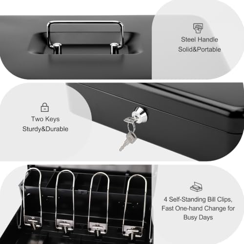 Jssmst Cash Box with Key Lock - 1mm Thick Metal Money Box for Garage Sales, Yard Sales and Petty Cash, Portable Cash Drawer with Coin Tray & Spill-Proof Foam Coin Cover, 4 No-Pinch Bill Clips,11.8'' - color: Black Key
