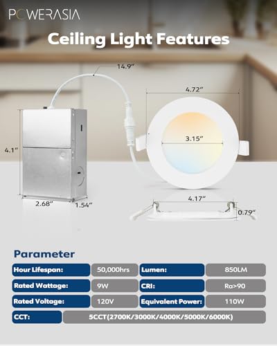 POWERASIA 2 Pack 4 Inch LED Recessed Lighting, 5CCT Canless Wafer, White - color: 2P-5CCT-WH, size: 4INCH