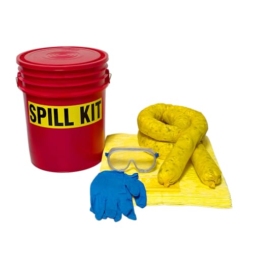 Original Bucket Spill Kit - Hazmat Absorbents & 5-Gallon Red Bucket - Spill Pads & Absorbent Socks - Oil Spill Clean Up - Absorb 5 Gallons (Made in USA)