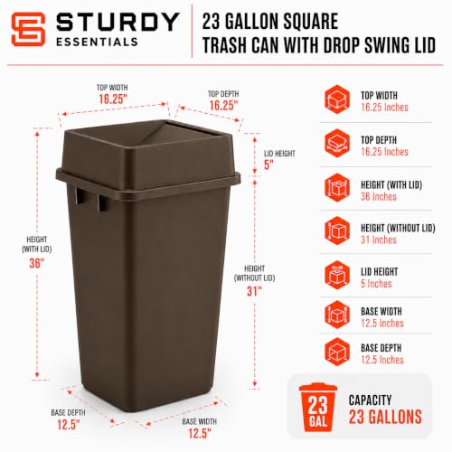 23 Gallon Brown Square Plastic Kitchen Trash Can with Drop Lid - color: Brown