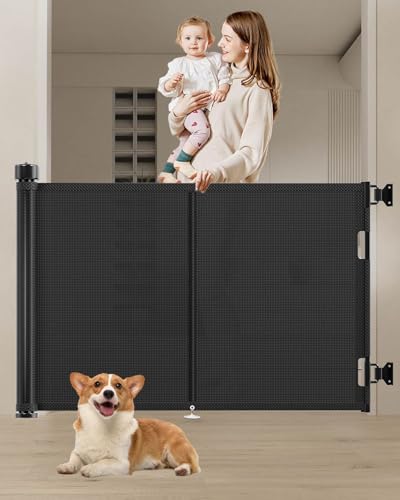 Miumoon 59 inch Reinforced Retractable Baby Gates 34 inch Tall - color: Black, size: 34" Tall x 59" Wide