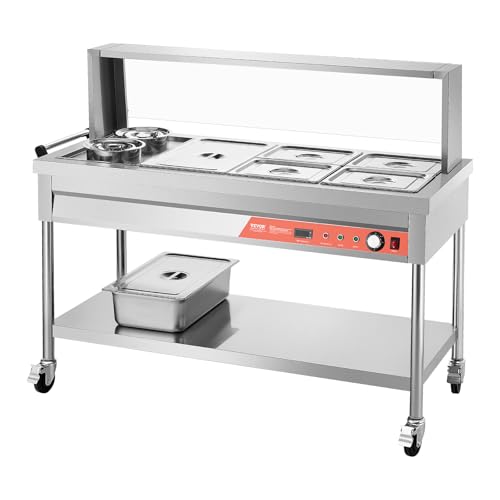 VEVOR Commercial Food Warmer, 5 Pans + 2 Pots Electric Steam Table, 1800W Professional Buffet Catering Food Warmer with Shield Undershelf Wheels, Stainless Steel Server for Party Restaurant Hotel - size: 5 Pans + 2 Pots