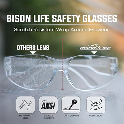 BISON LIFE Clear Safety Glasses for Men & Women, ANSI Z87.1 Certified,12Pk - color: Clear/Clear