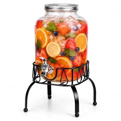 Estilo Gallon Drink Dispenser with Stand - Glass Beverage Dispenser with Stand for Weddings - Sun Tea Jar with Spigot 1 Gallon - Countertop Glass Water Dispenser for Lemonade and Parties - size: 1 Gallon, style: Single w/ Stand